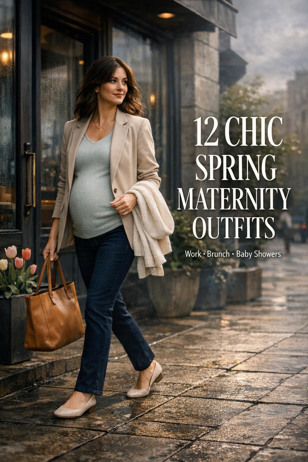 Spring maternity outfits on a stylish pregnant woman walking outside a modern cafe on a moody spring morning