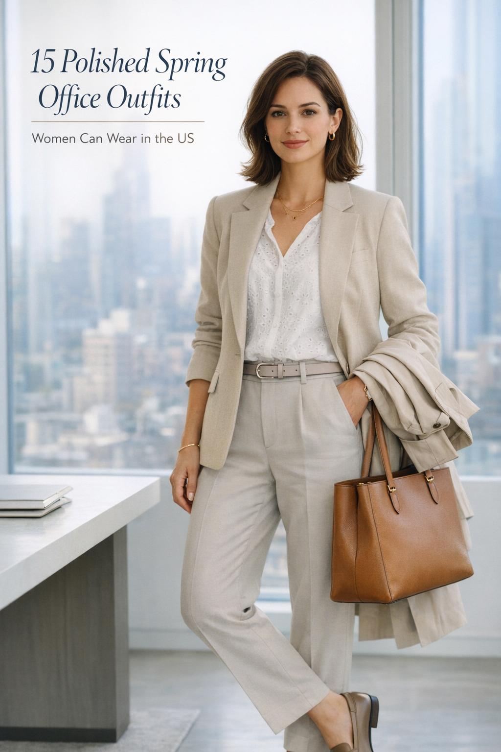 spring office outfits women in a bright modern office, wearing a beige blazer, white blouse, stone trousers, and loafers