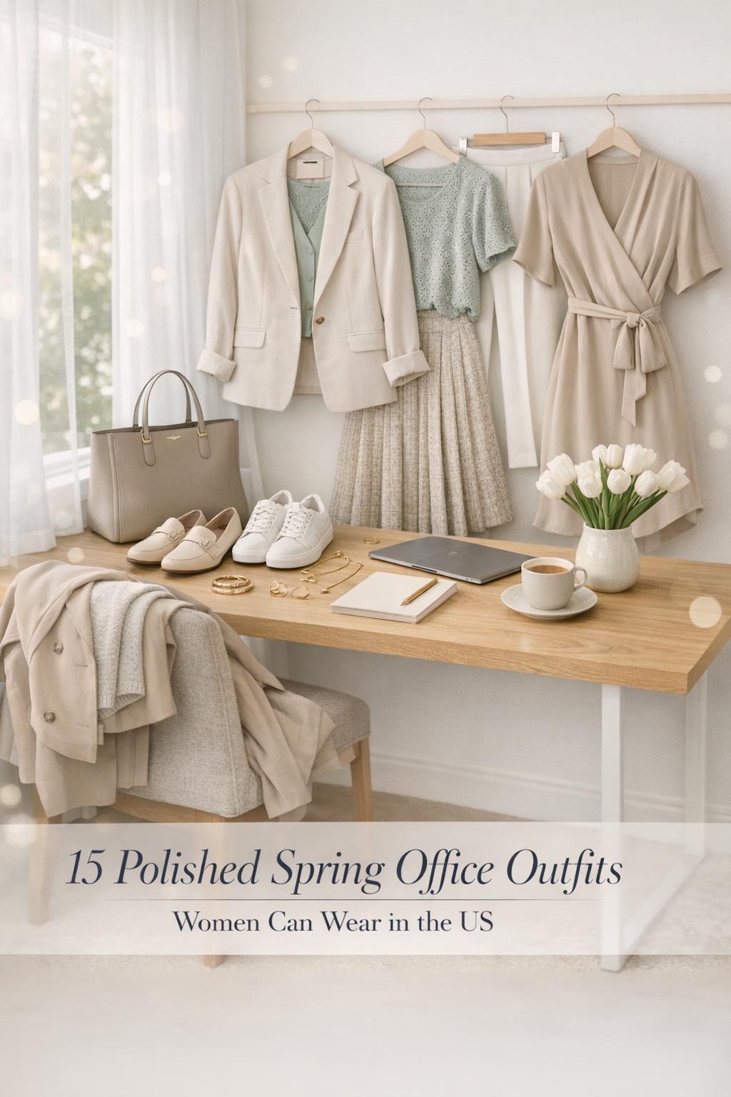 Spring office outfits women styled on a bright desk with blazer, blouse, trousers, skirt, tote, loafers, and tulips