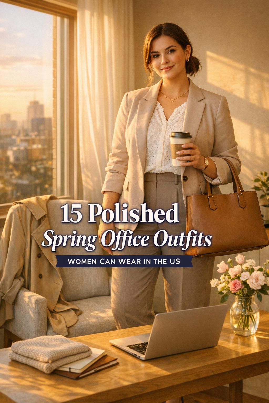 Spring office outfits women with a professional in a beige blazer holding a tote and coffee in a sunny modern office lounge