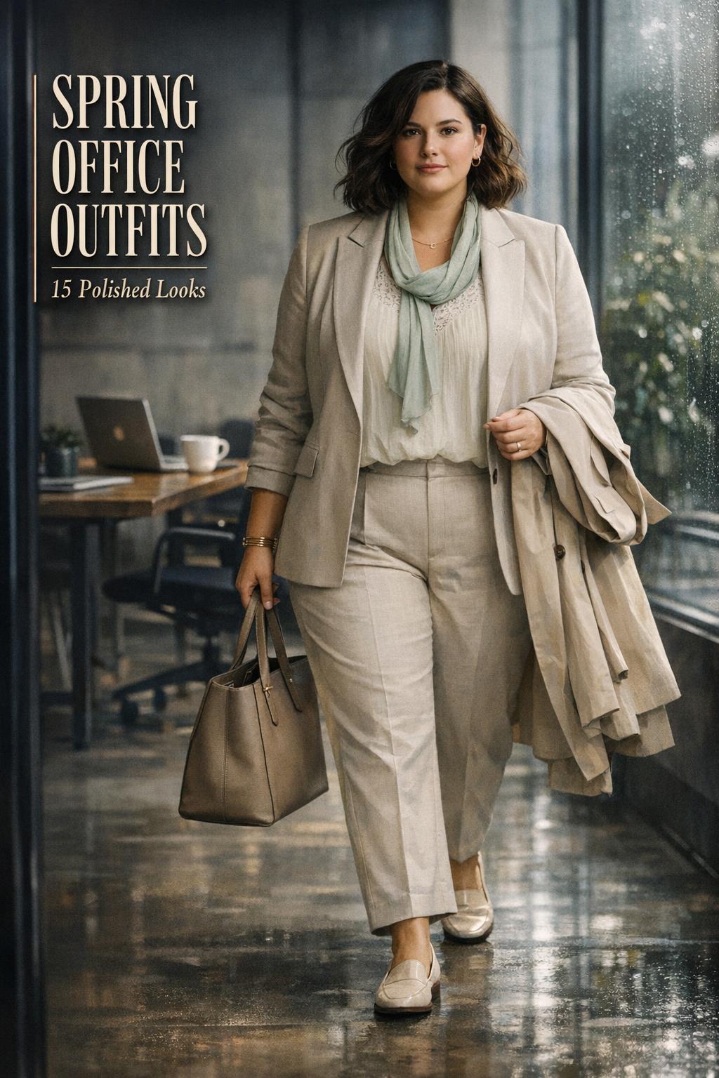 Spring office outfits women: confident professional in neutral suit walking through a modern glass office lobby