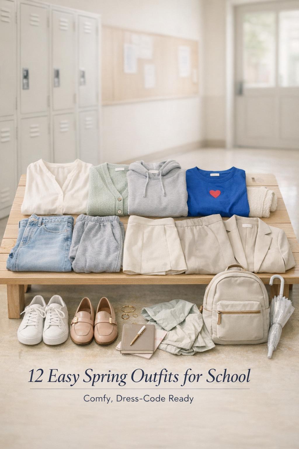Spring outfits for school flat lay on a hallway bench with pastel layers, denim, sneakers, and backpack in soft window light