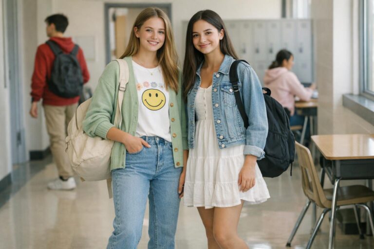 Spring outfits for school featuring a pastel cardigan, white tee, jeans, and sneakers with a backpack in a bright hallway