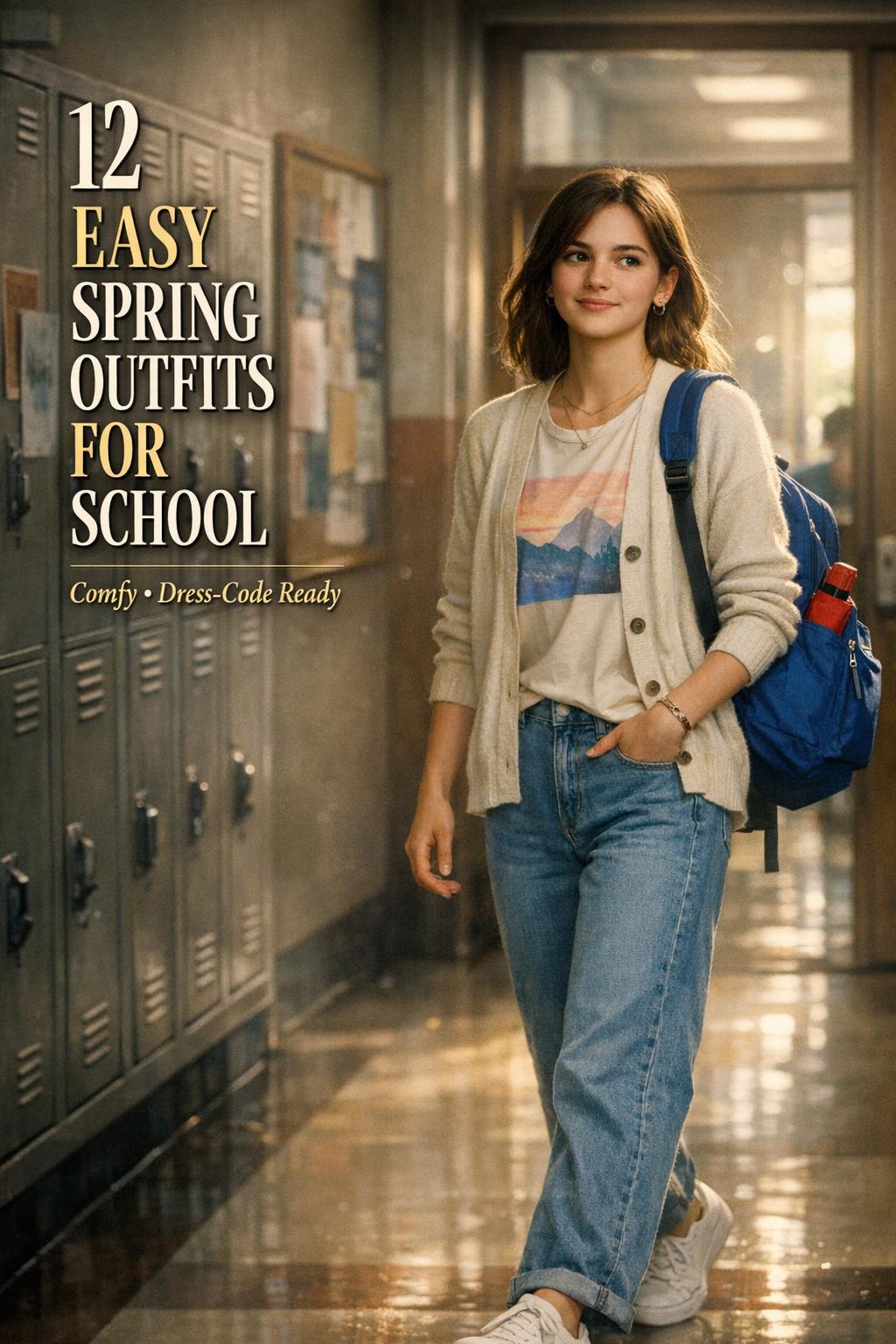 Spring outfits for school in a high school hallway, teen in cardigan and denim with cinematic light and text overlay