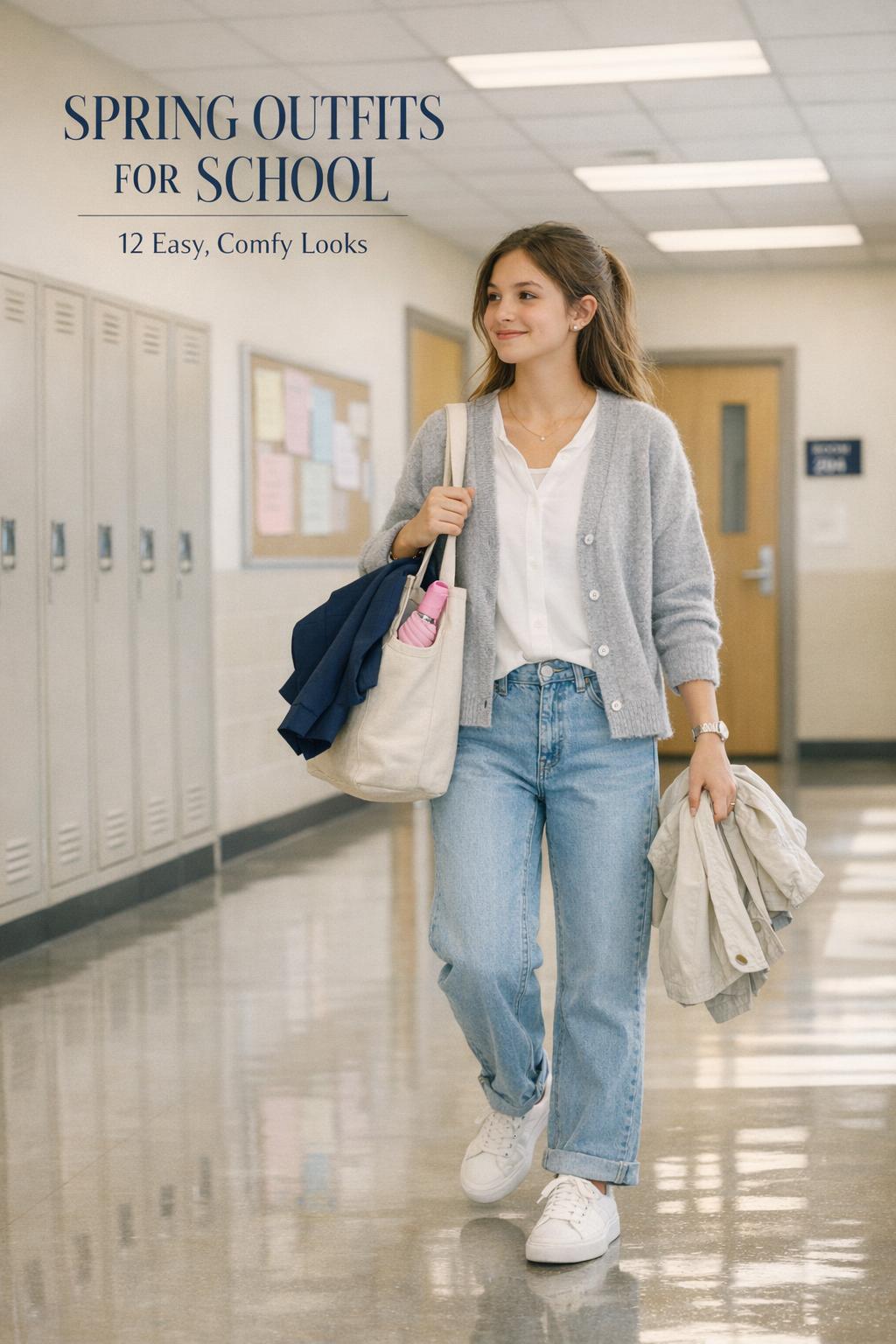 Spring outfits for school in a bright high school hallway, stylish teen in cardigan, blouse, light-wash jeans and sneakers