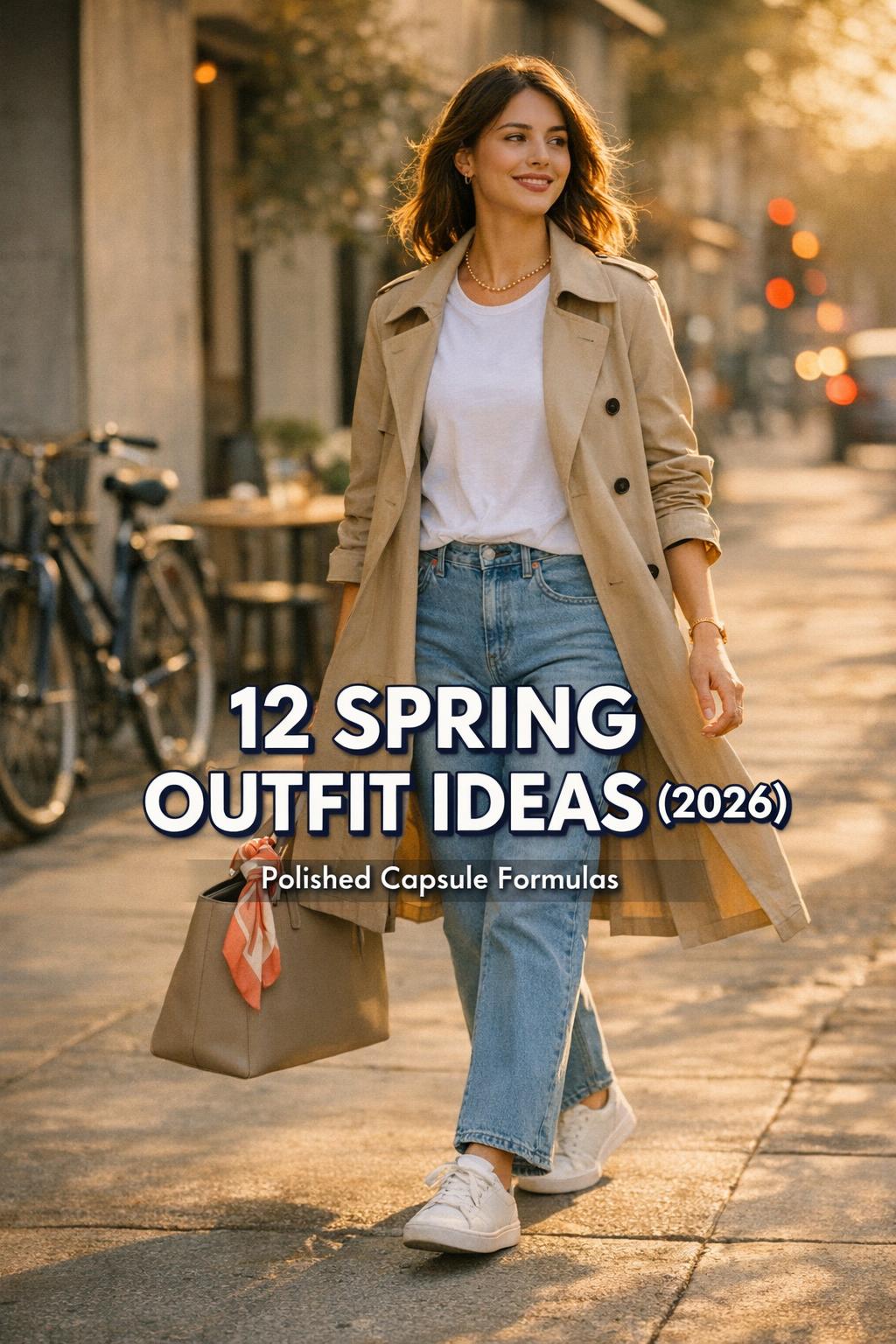 Spring outfits ideas: woman in beige trench, white tee, light-wash jeans and sneakers walking by a café at golden hour