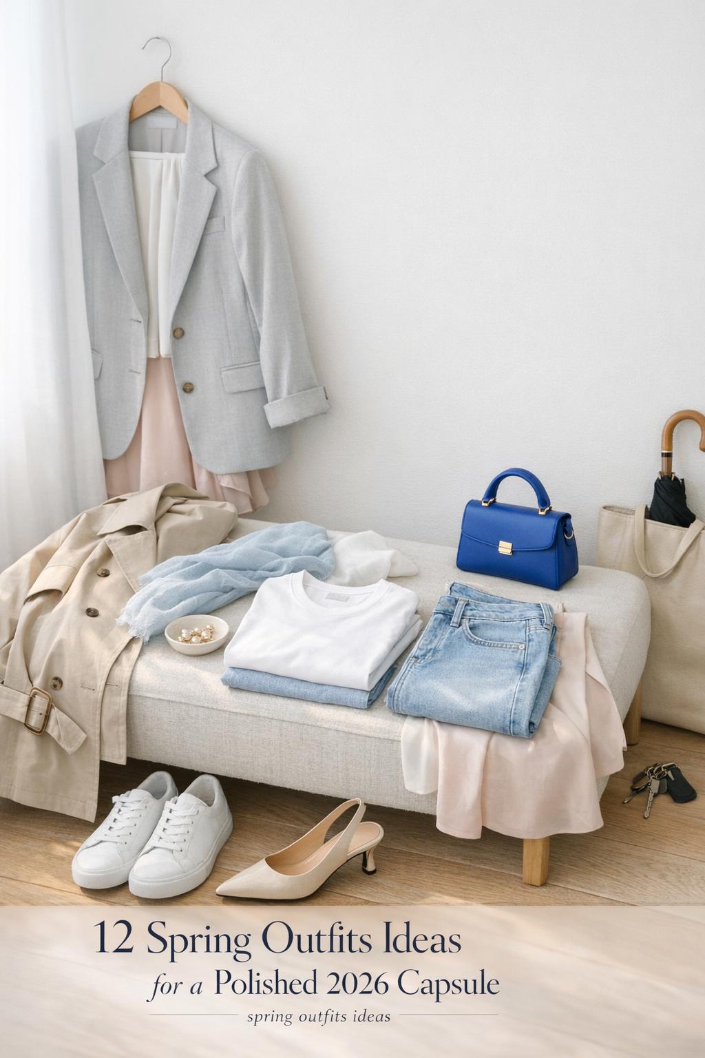 spring outfits ideas capsule wardrobe laid out on a linen bench in a bright minimal city apartment entryway