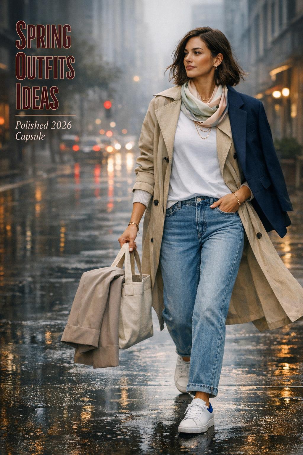 Spring outfits ideas: stylish woman in beige trench on rainy city street with pastel scarf and sneakers, moody editorial