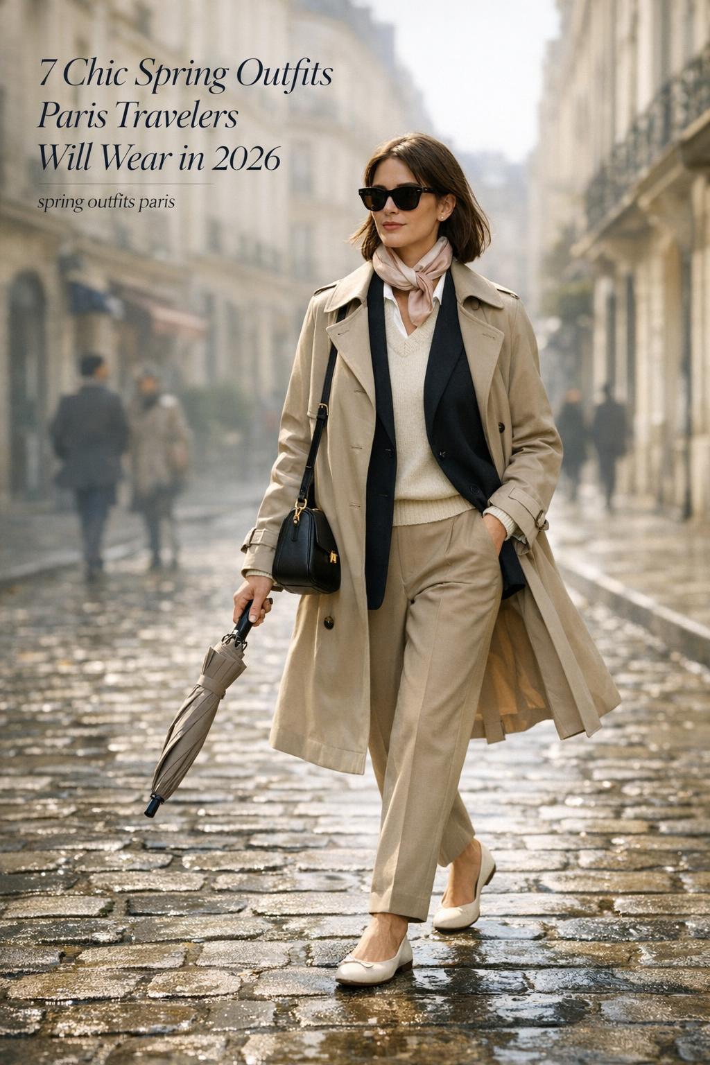 Spring outfits Paris traveler in beige trench coat walking on a damp Paris cobblestone street, editorial morning light
