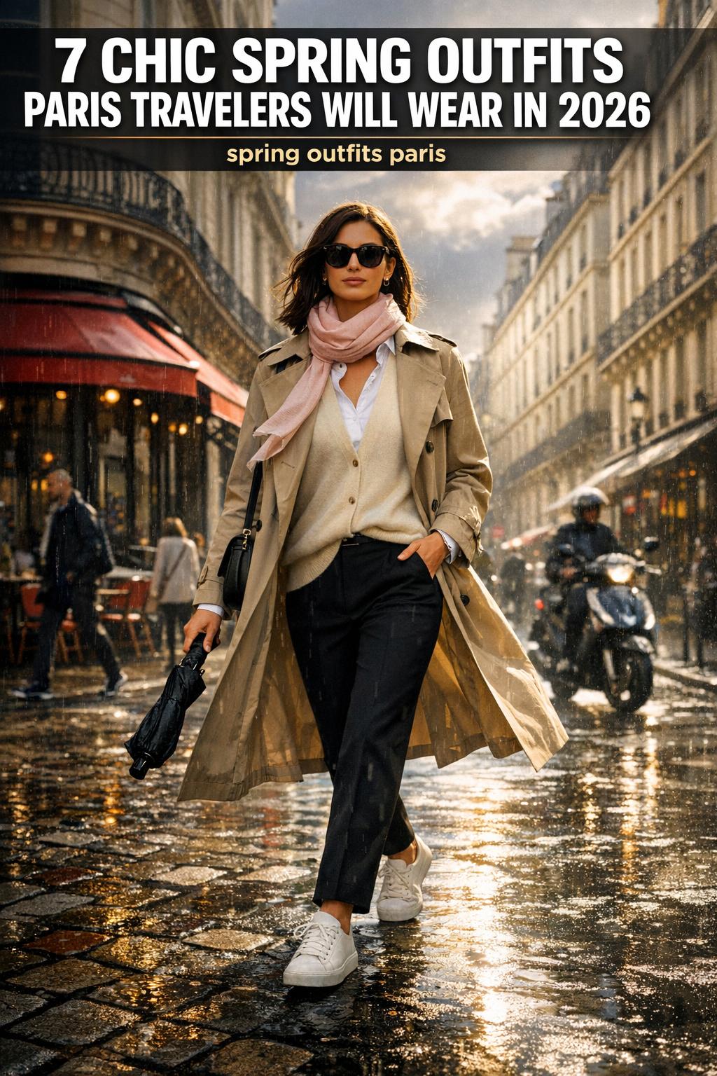 Street-style spring outfits in Paris with a chic woman in a trench coat walking near Haussmann buildings