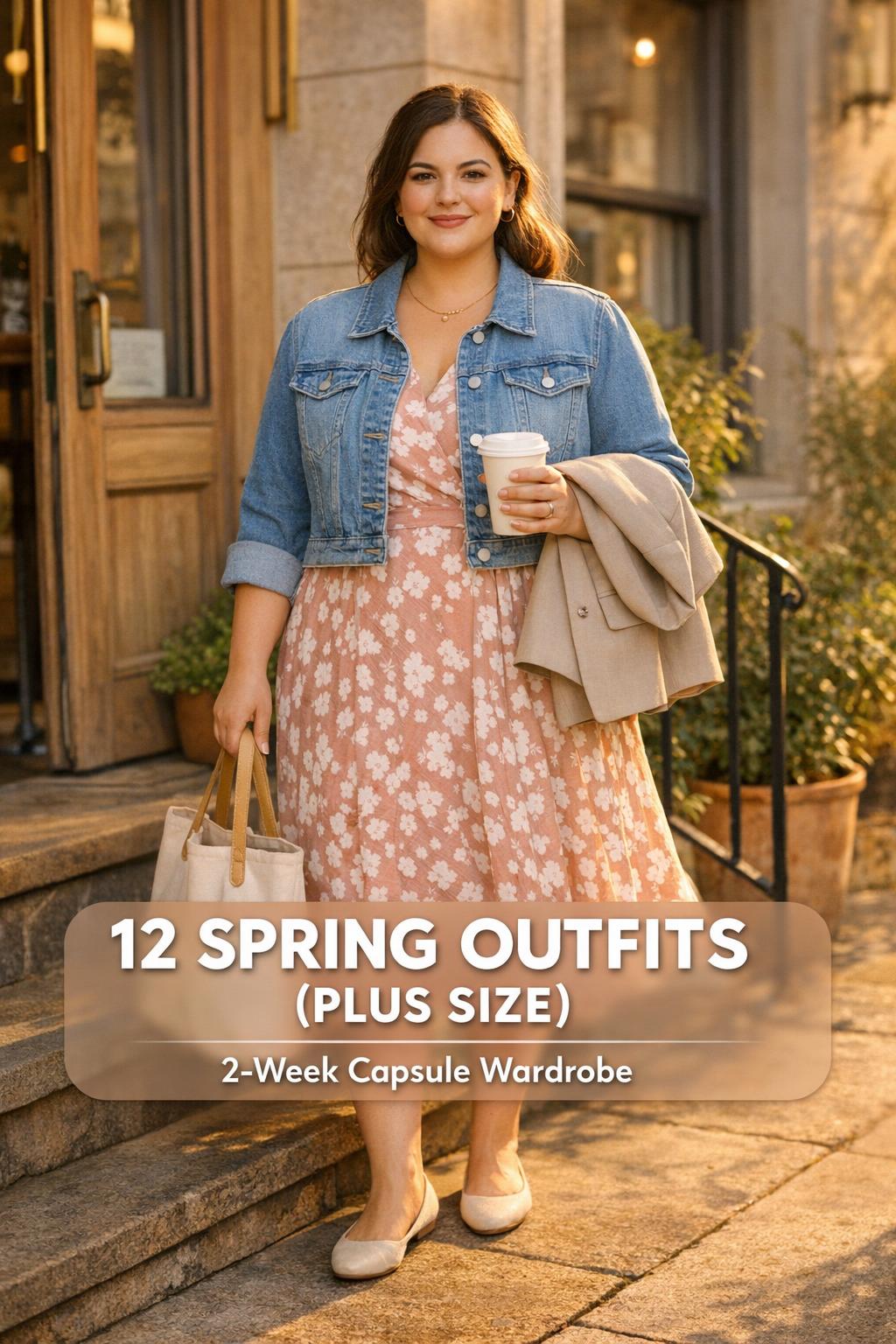 Spring outfits plus size on a confident woman in a midi dress and denim jacket outside a sunny city cafe entrance
