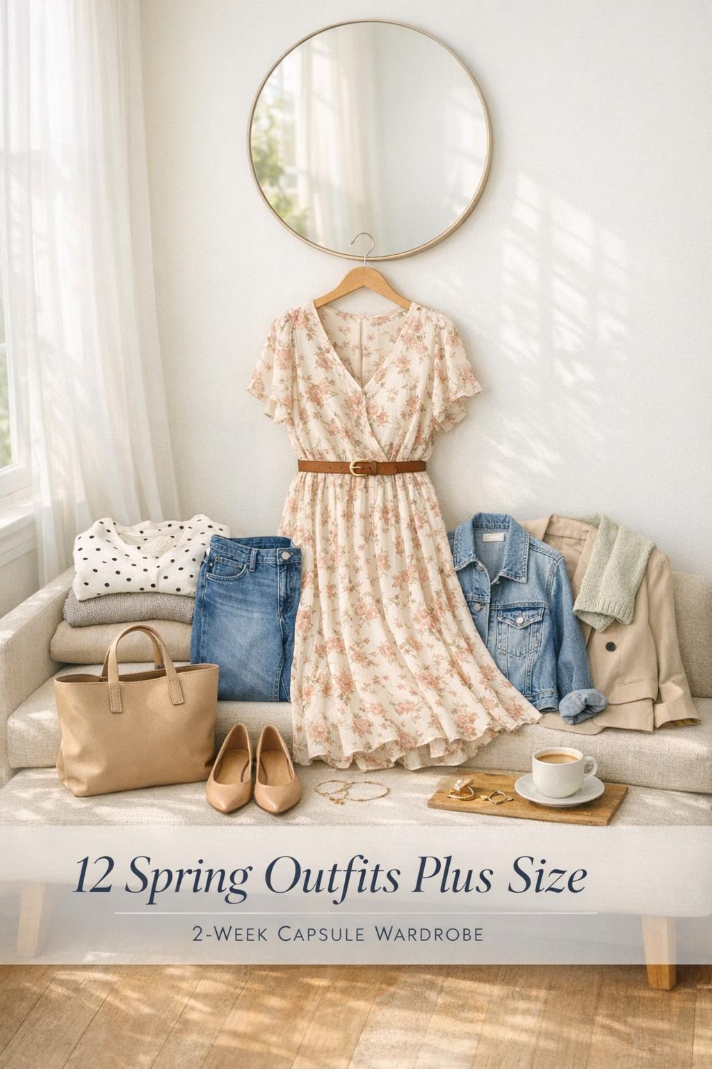 Spring outfits plus size capsule wardrobe flat lay in bright entryway with midi dress, jeans, blazer, and flats