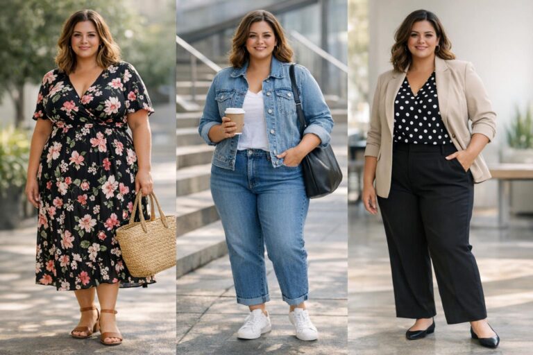 Spring outfits plus size capsule wardrobe with floral dress, denim jacket, blazer, jeans, and flats on a bright morning