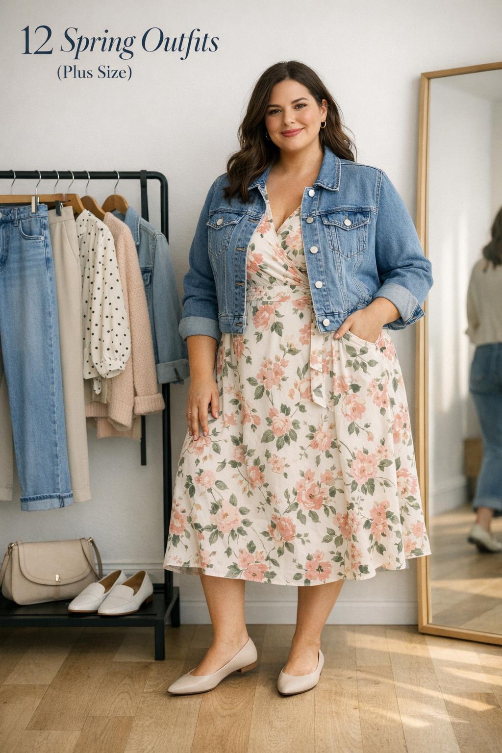Spring outfits plus size capsule wardrobe with model in floral wrap midi dress, cropped blazer, and flats in bright entryway