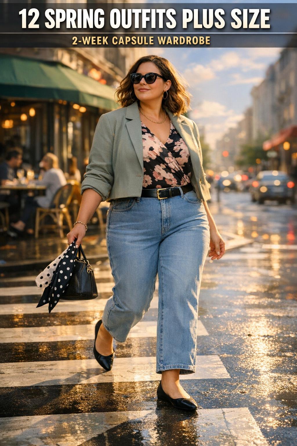 Plus size model wearing spring outfits plus size in a bright floral dress outdoors in soft natural light