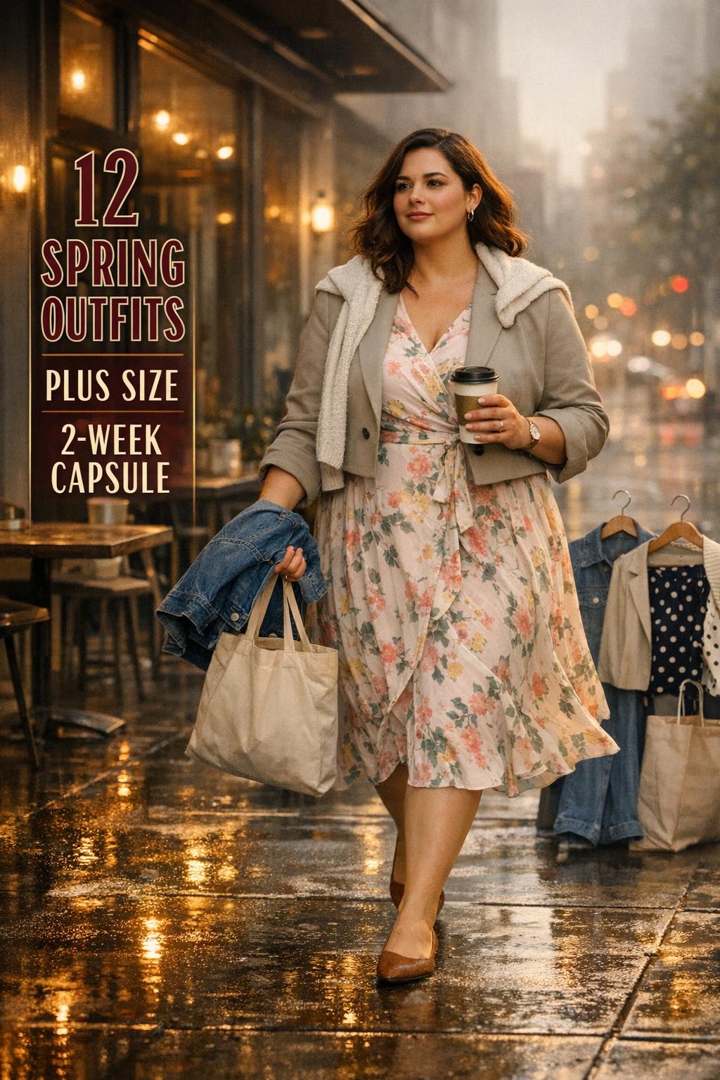 Spring outfits plus size: confident woman in floral wrap dress and blazer walking by a cafe after rain at golden hour