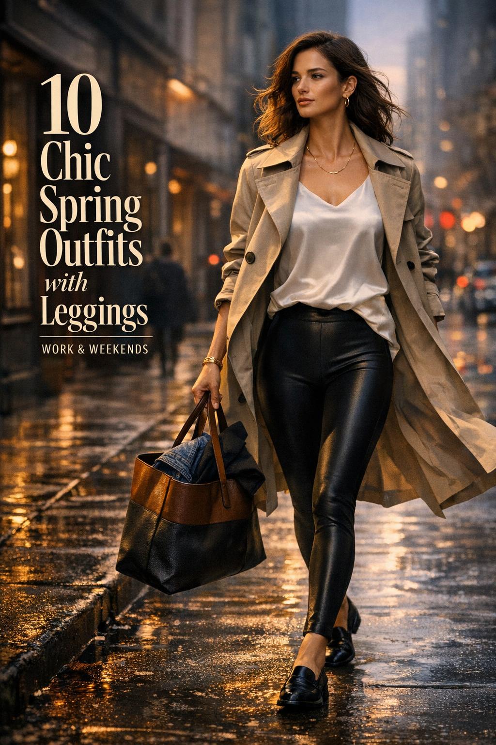 Spring outfits with leggings: stylish woman in beige trench coat and black leggings walking on a moody city street at dusk