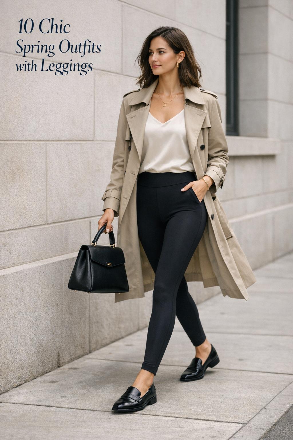 Spring outfits with leggings: model walking in beige trench coat, ivory top, black leggings and loafers on a minimalist city sidewalk