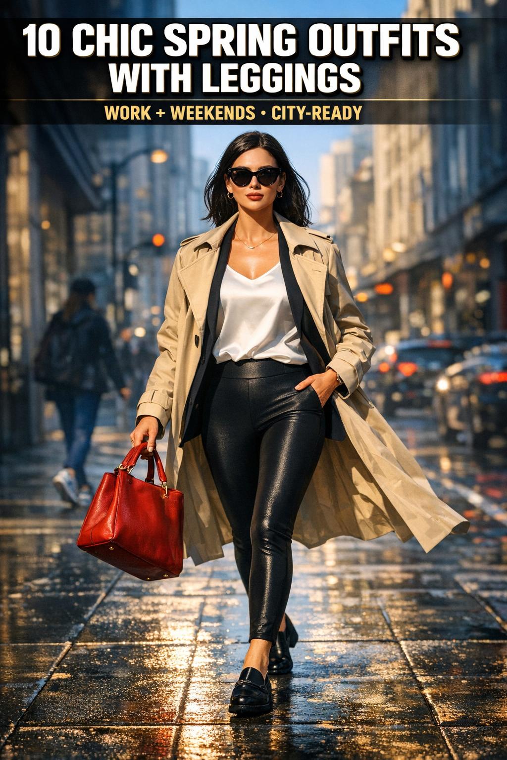 Spring outfits with leggings styled with a light trench coat, white sneakers, and a pastel tote on a city street