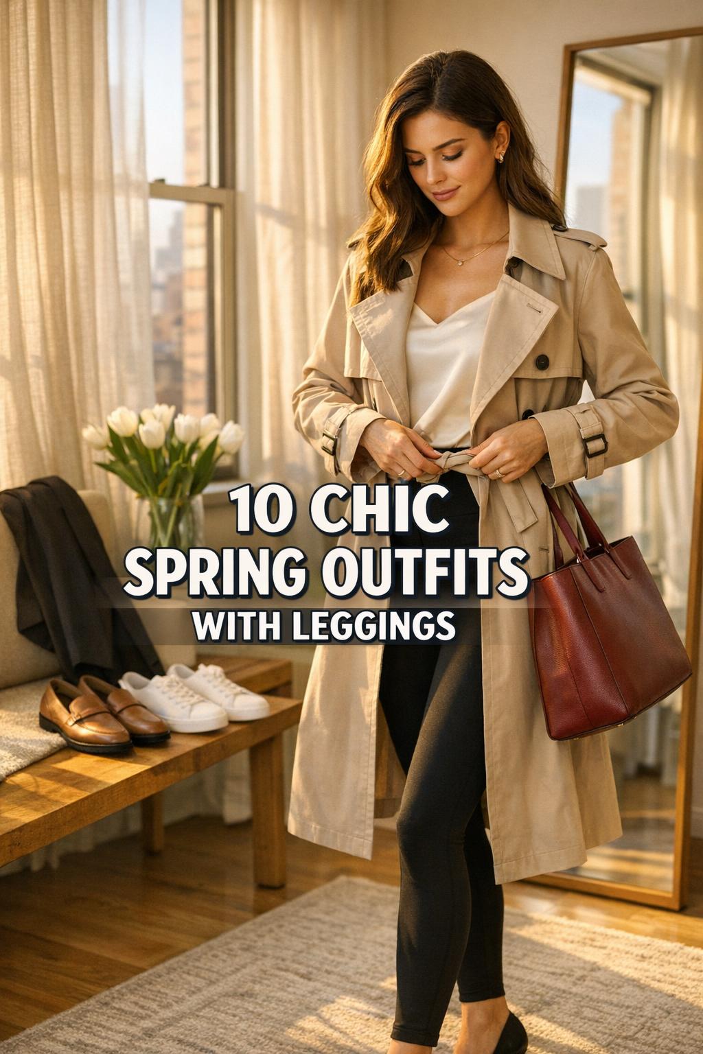 Spring outfits with leggings: woman in black leggings and beige trench adjusting belt in sunlit city apartment