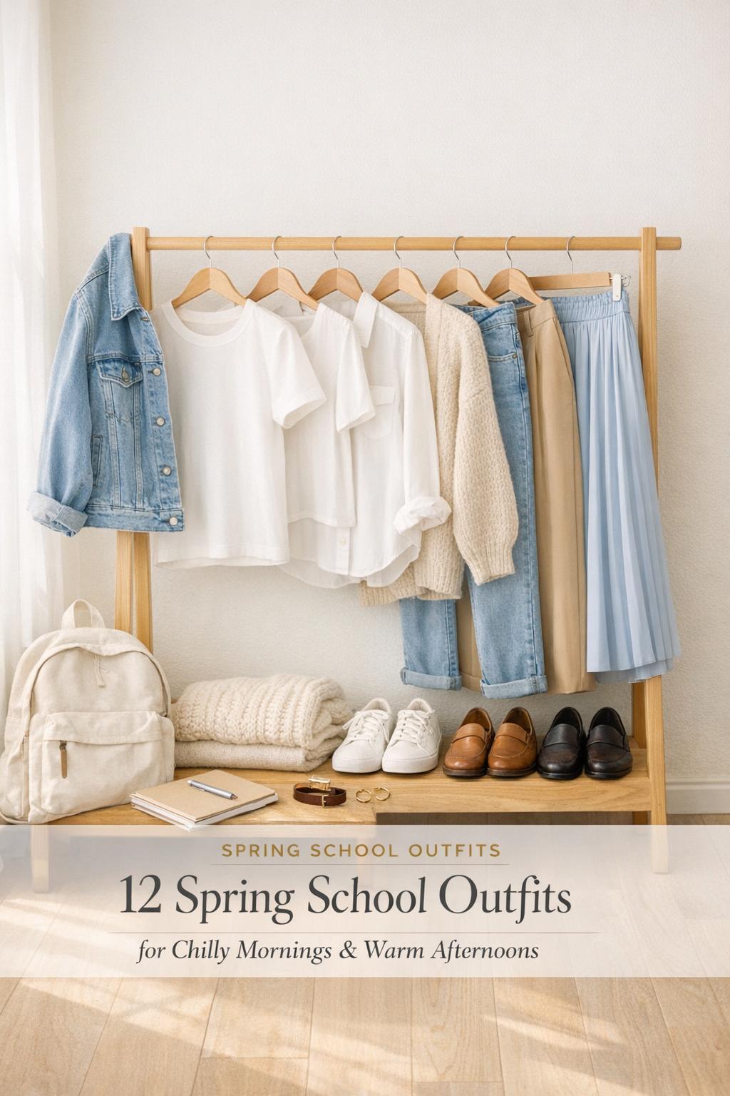 Spring school outfits capsule wardrobe on clothing rack with jeans, cardigan, skirt, sneakers, and backpack in airy bedroom