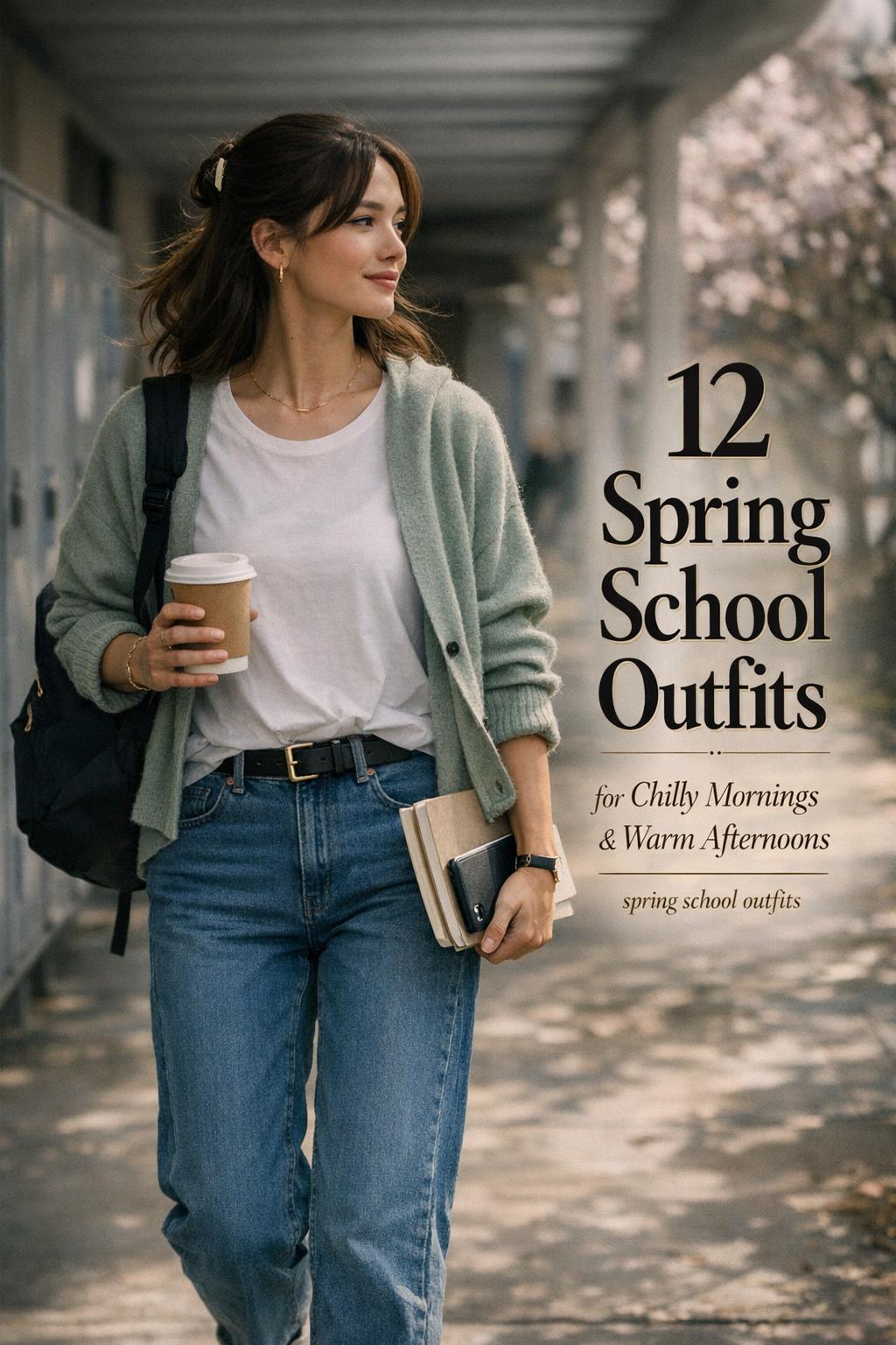 Spring school outfits cover photo of a student walking on campus with backpack and coffee in cinematic early spring light