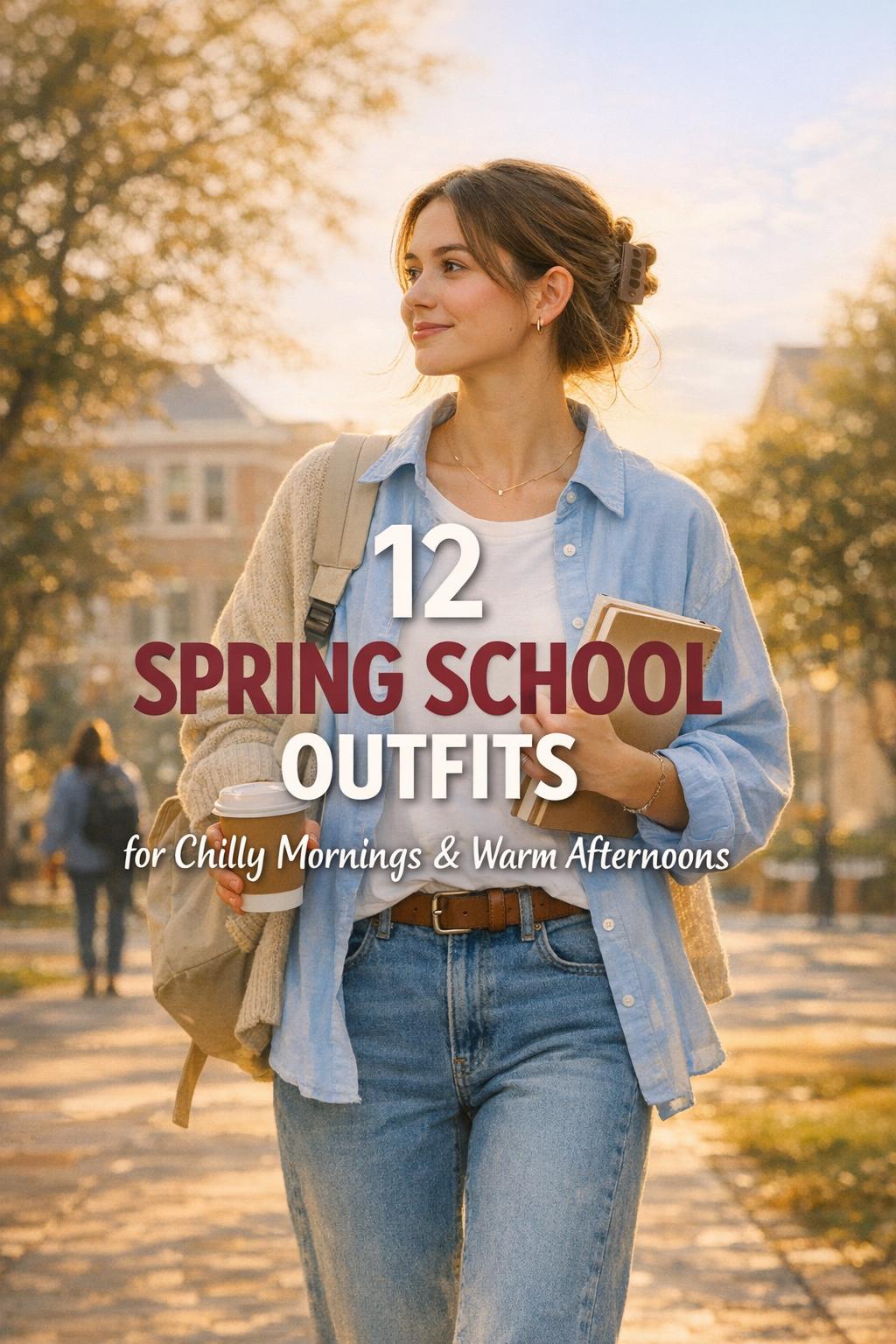 Spring school outfits: student in spring layers walking on campus with coffee and notebook in golden-hour light
