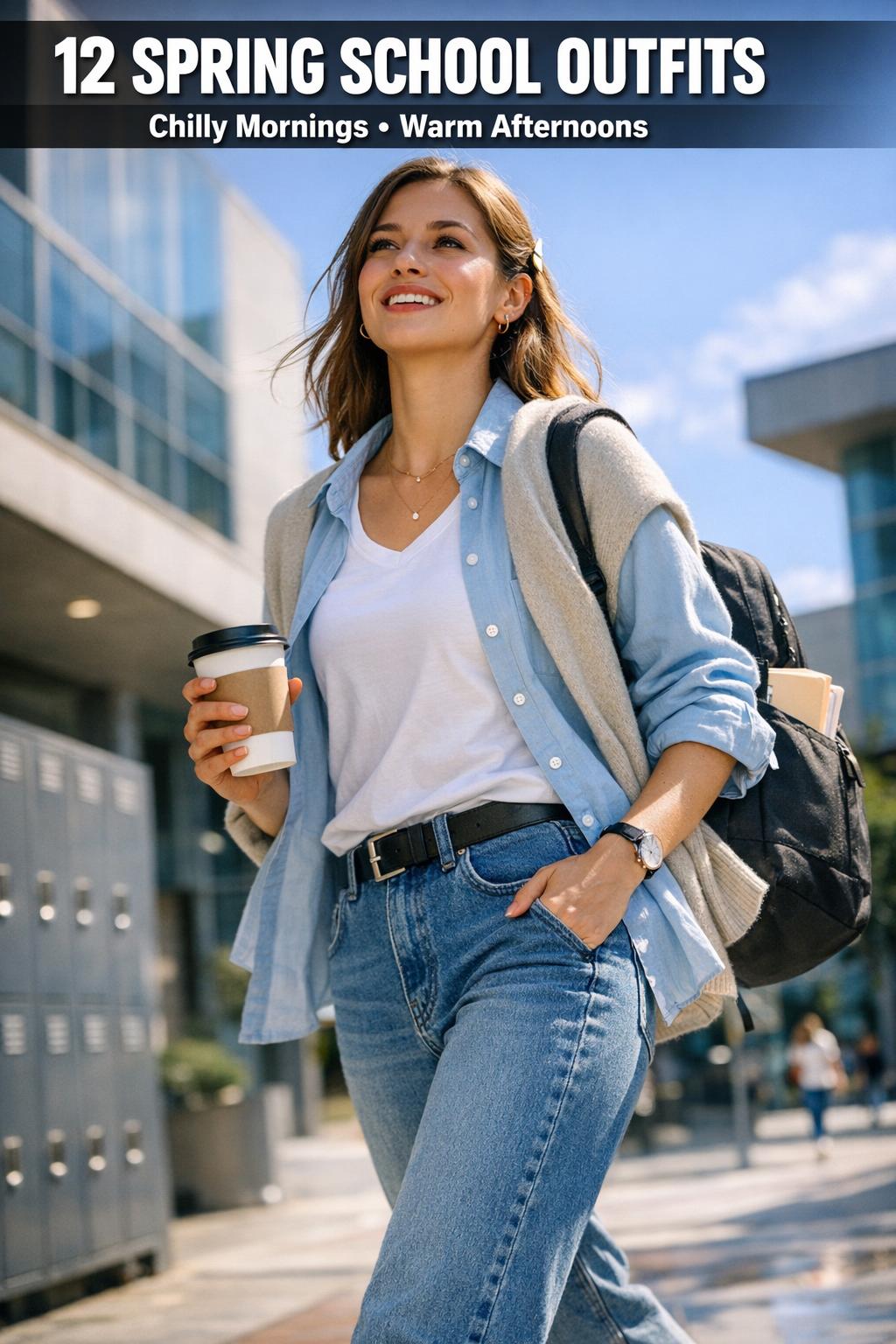 Spring school outfits: stylish student wearing a light cardigan, pleated skirt, and sneakers outdoors on campus
