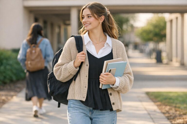 Spring school outfits with a white button-down, straight-leg jeans, loafers, and a light jacket for chilly mornings