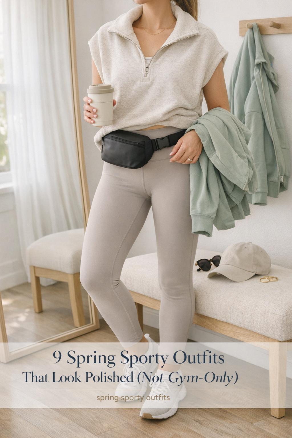 Spring sporty outfits laid out in a bright entryway with neutral leggings, white tank, sneakers, and sage layer.