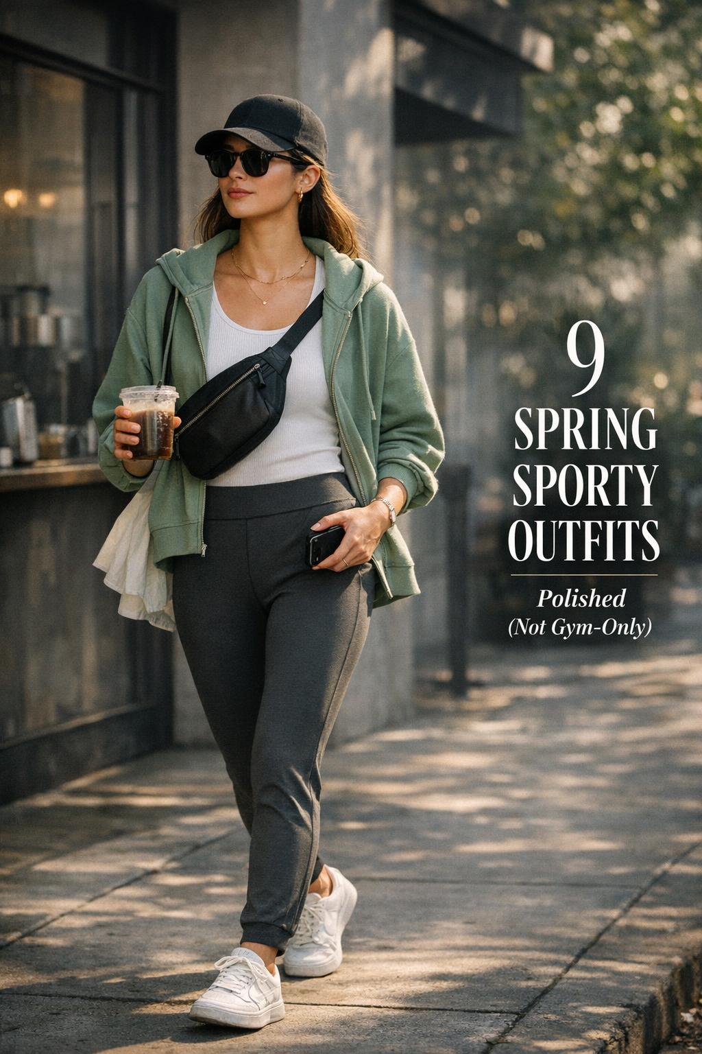 Spring sporty outfits on a city sidewalk—woman in polished athleisure walking with coffee outside a minimalist cafe.