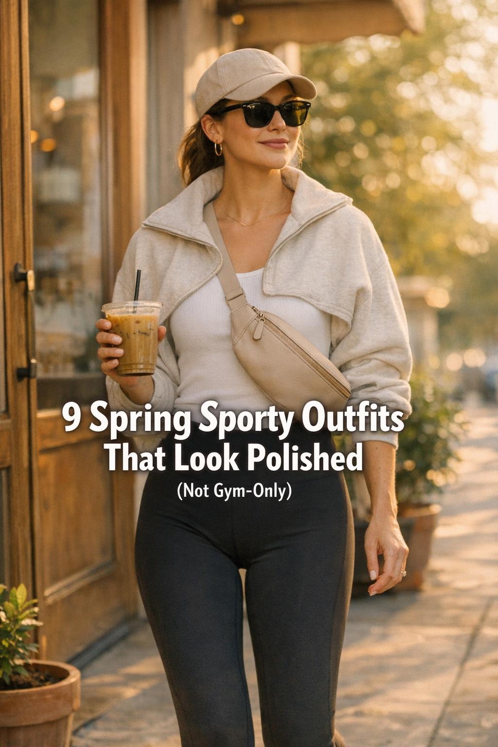 Spring sporty outfits: woman in minimalist athleisure leaving a coffee shop with iced coffee in golden-hour light