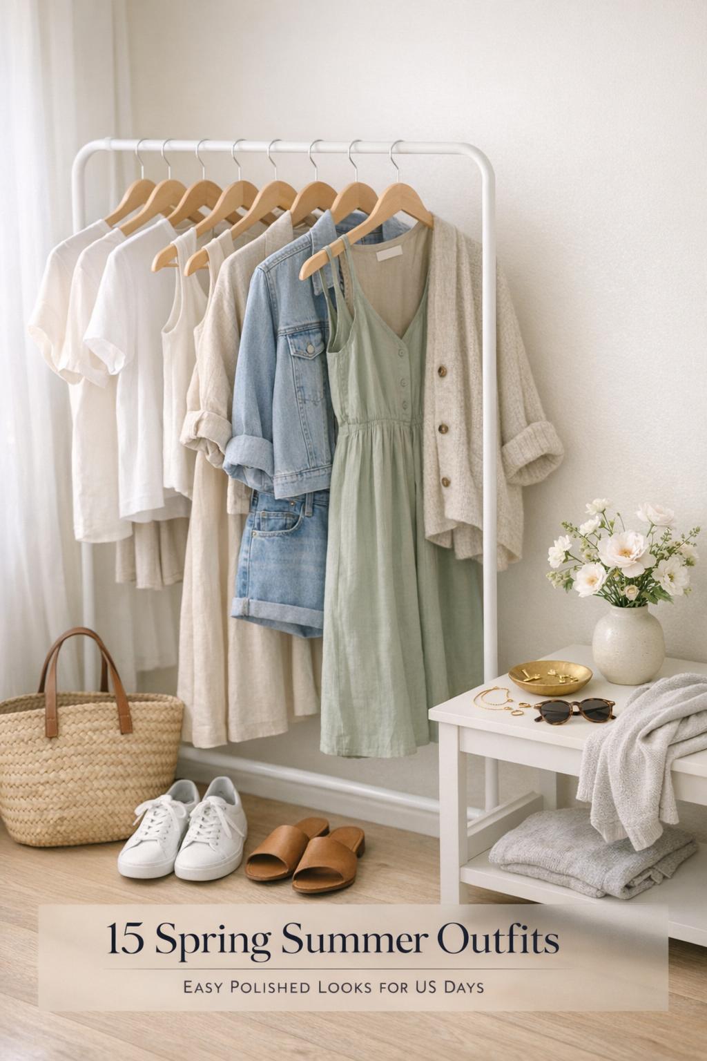 Spring summer outfits capsule wardrobe on a minimalist clothing rack in a bright neutral bedroom with sandals and sneakers