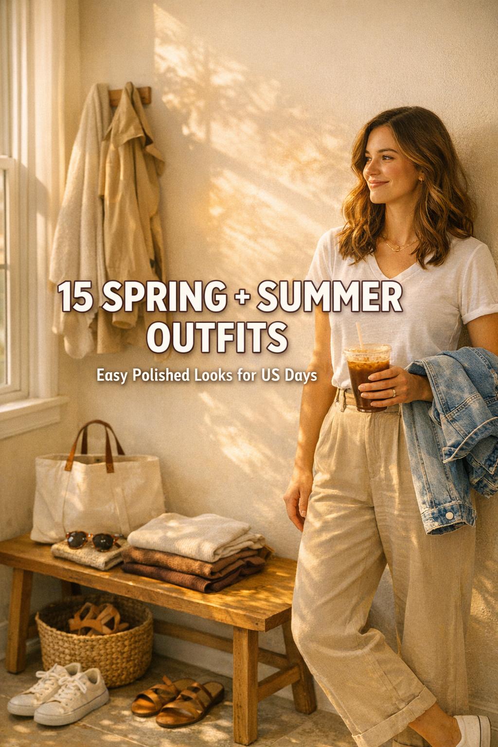 Spring summer outfits in a sunlit entryway, woman holding iced coffee with denim jacket, tote, and neutral layers nearby