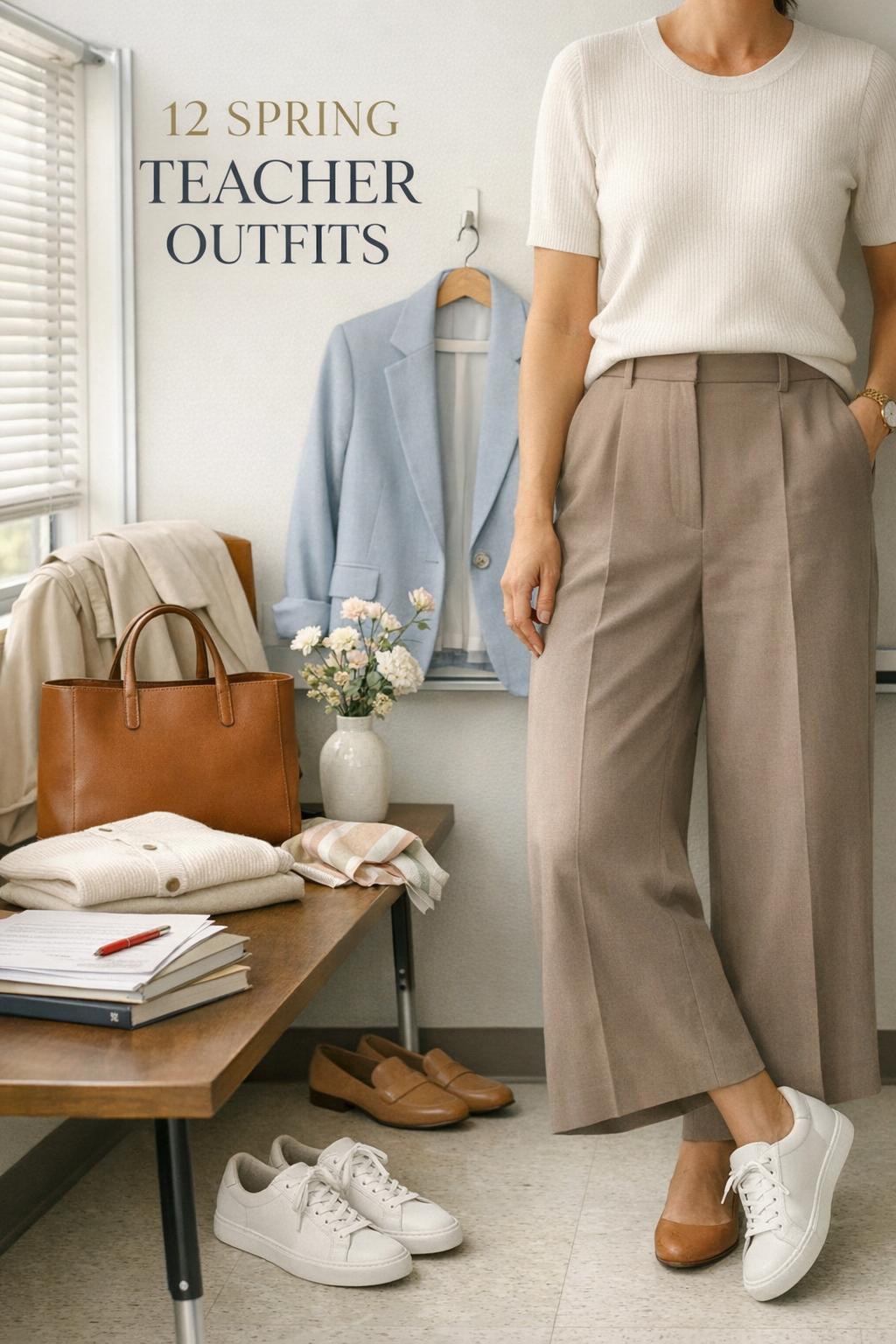 Spring teacher outfits laid out in a bright classroom corner with trench coat, blazer, tote bag, and white sneakers