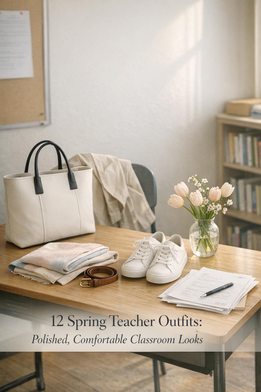 Spring teacher outfits styled on a classroom desk with tote, trench coat, scarf, sneakers, graded papers, and pale tulips