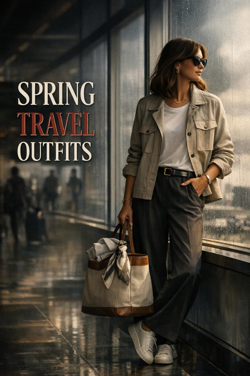 Spring travel outfits cover featuring a stylish woman in neutral layers at an airport window with moody cinematic light