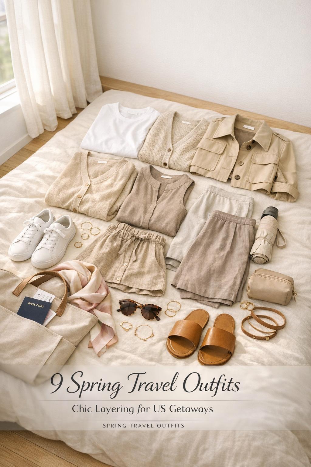 Spring travel outfits capsule flat lay on hotel bed with neutral layers, tote, passport and accessories in soft morning light