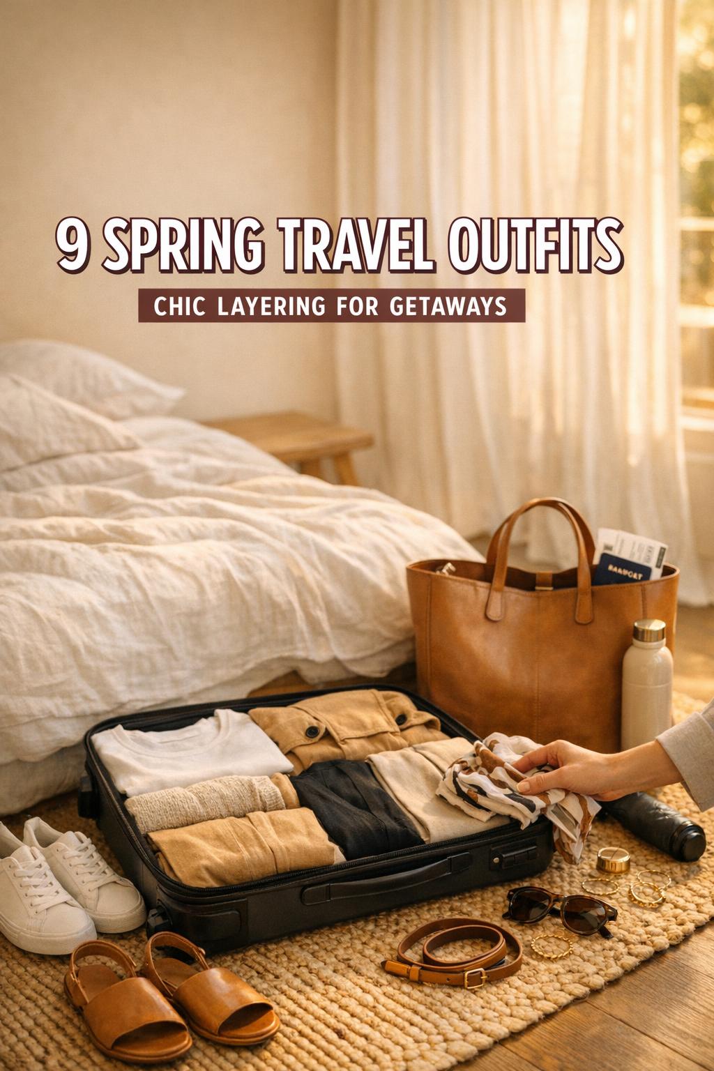 Spring travel outfits capsule wardrobe packed in carry-on suitcase with chic neutral layers and accessories in a sunlit apartment