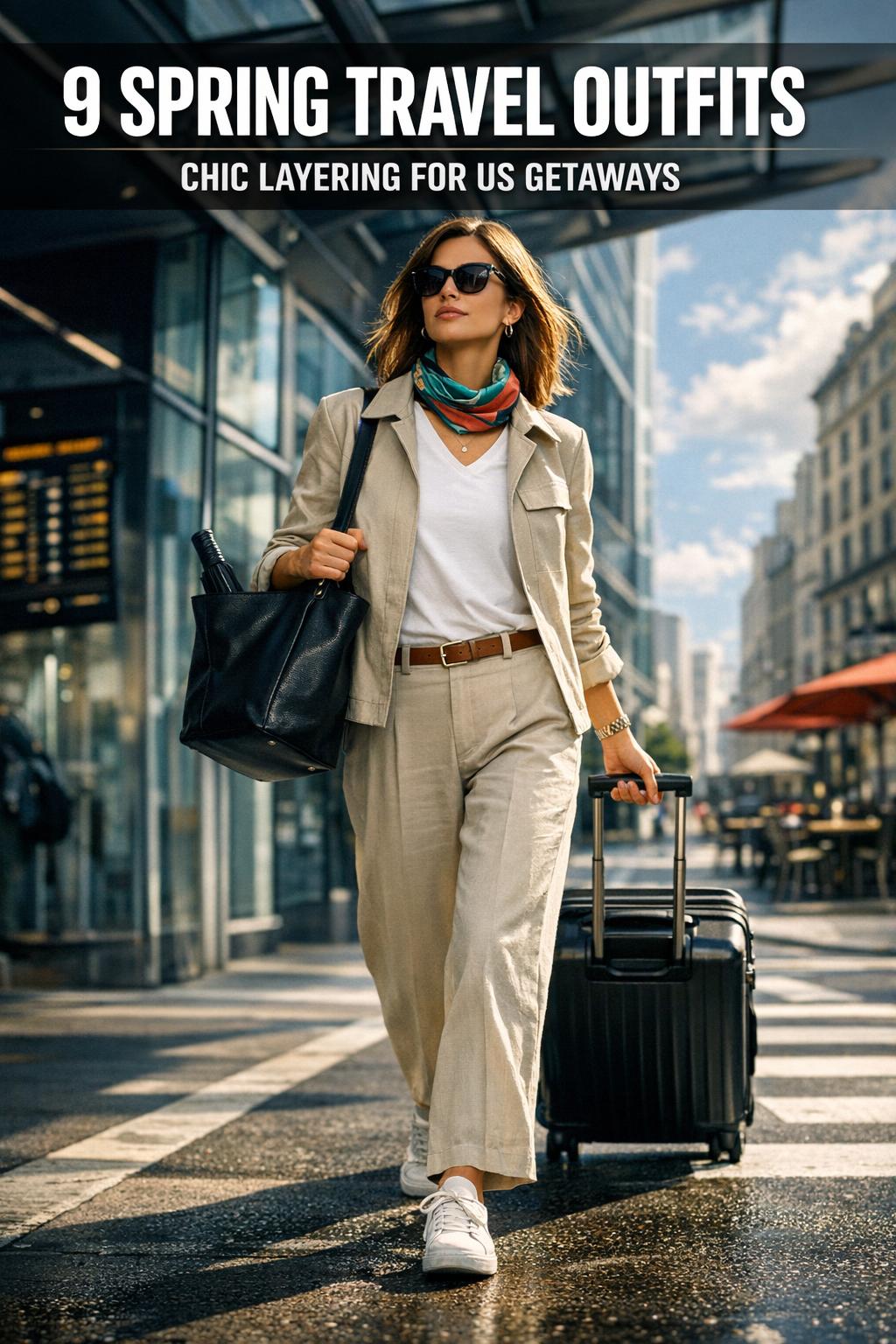 Spring travel outfits laid out on a bed with light jacket, dress, sneakers, and accessories in soft neutral tones