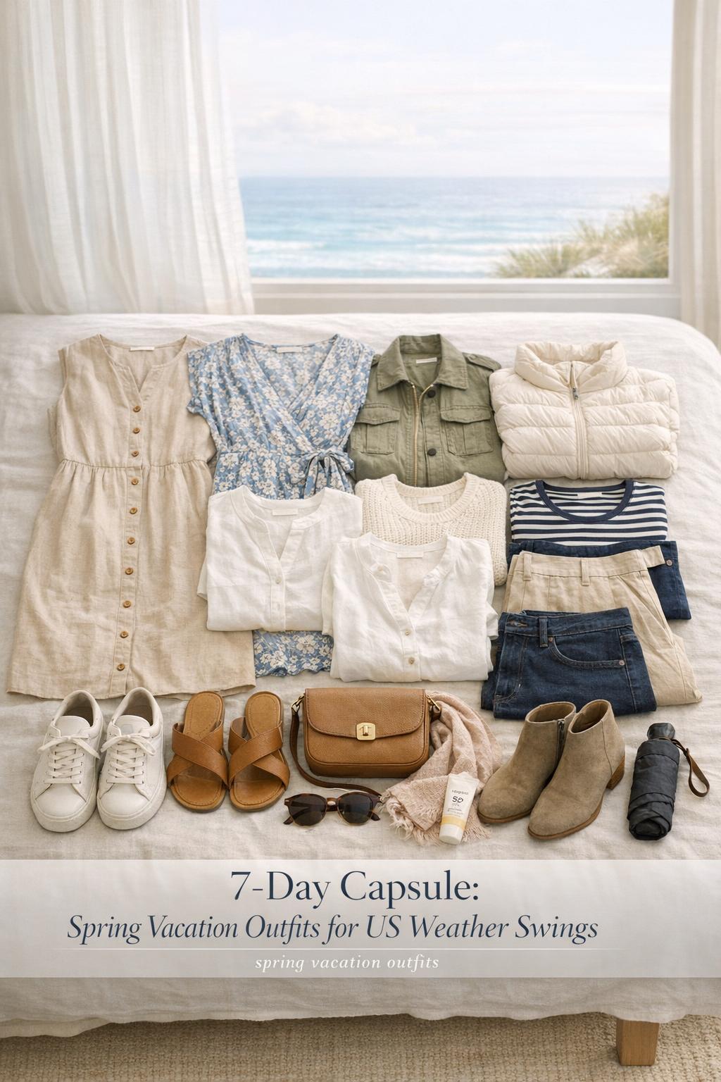 Spring vacation outfits capsule wardrobe flat lay on a coastal hotel bed with neutral dresses, tops, shoes, and travel essentials
