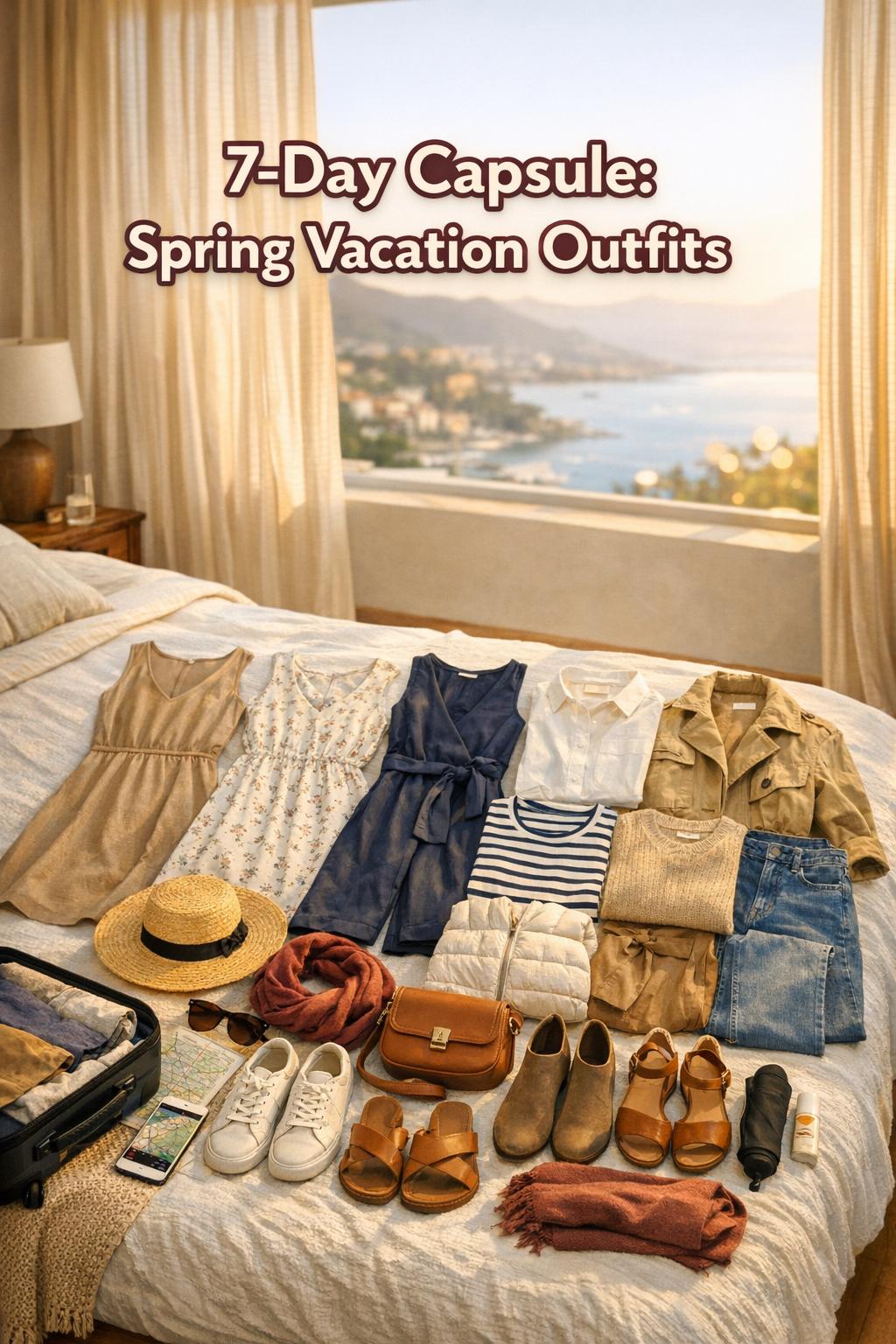 Spring vacation outfits capsule wardrobe flat lay on hotel bed with suitcase, shoes, and accessories in golden hour light
