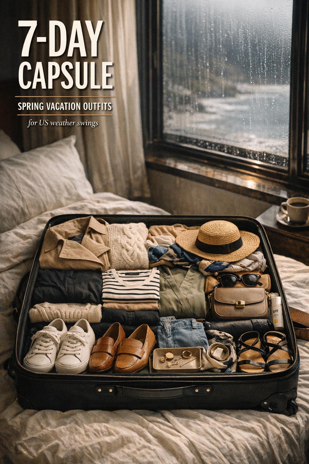 Spring vacation outfits capsule wardrobe neatly packed in an open suitcase on a hotel bed by a rainy window