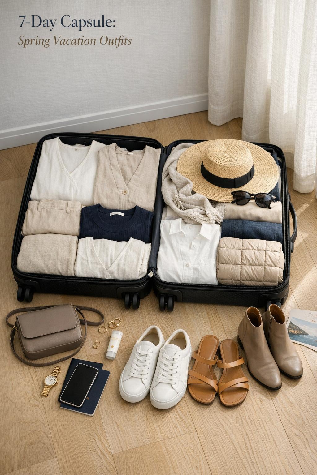 Spring vacation outfits capsule wardrobe flat lay in open carry-on suitcase by sunlit linen curtain