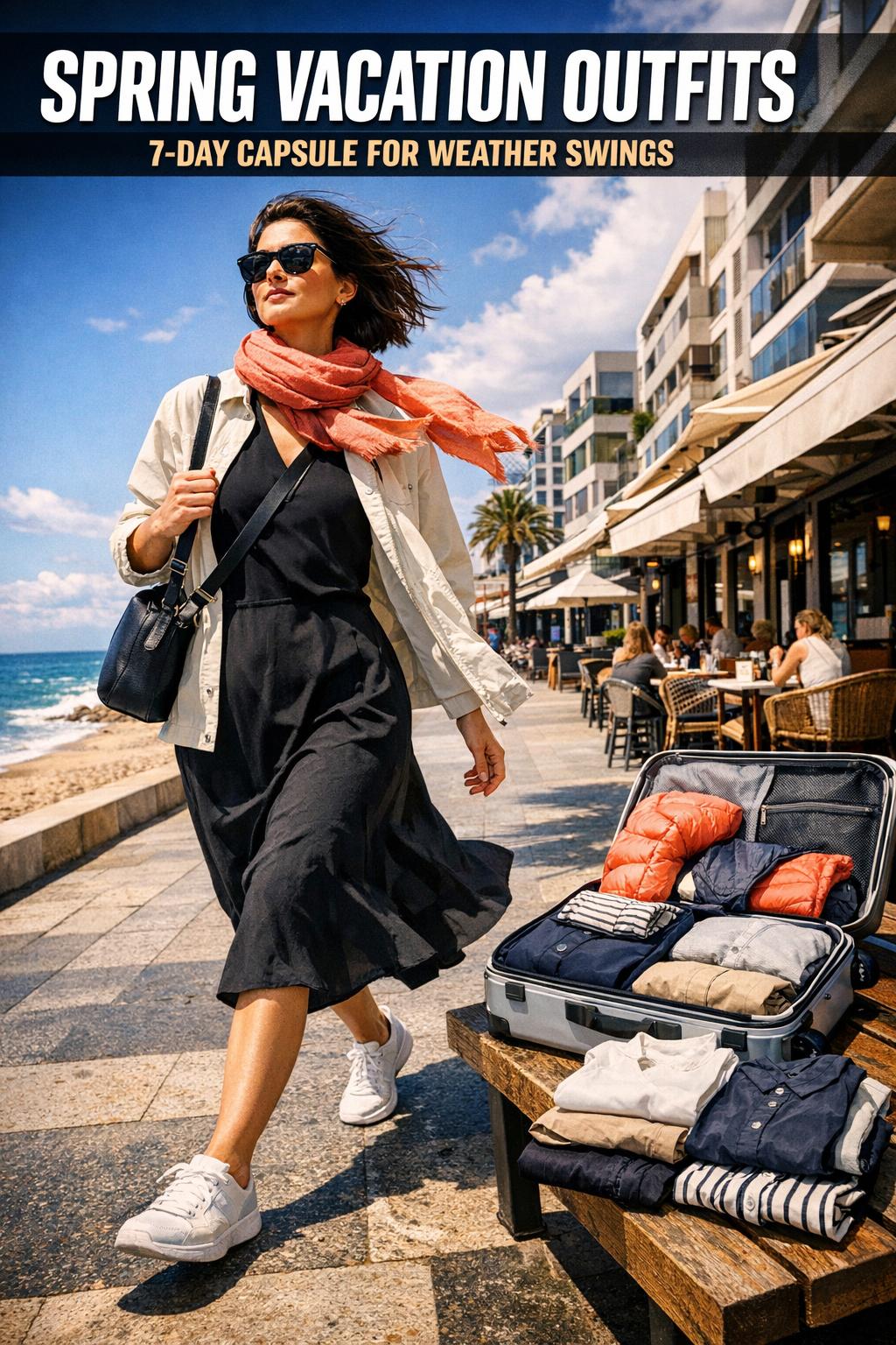 Spring vacation outfits laid out on a bed with sandals, sunglasses, and a straw hat in bright natural light
