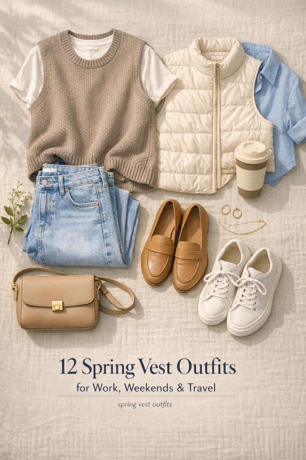 Spring vest outfits flat lay on beige linen with taupe vest, jeans, loafers, sneakers, bag and gold jewelry in soft daylight