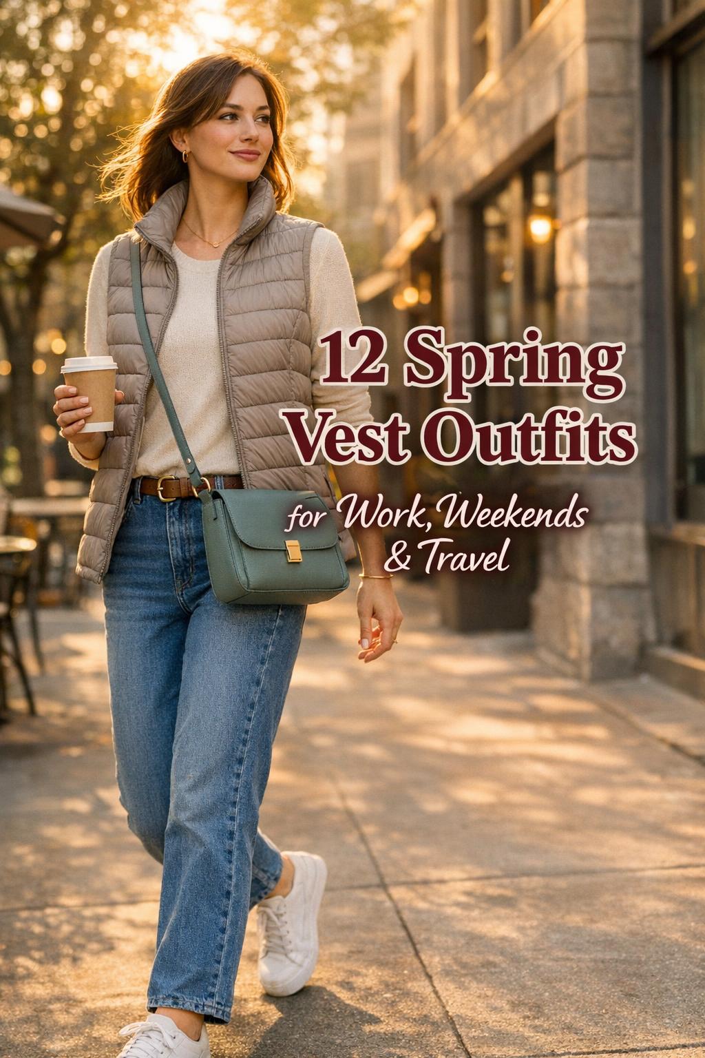 Spring vest outfits in golden-hour city street style, woman in taupe quilted vest, jeans and sneakers walking by a cafe