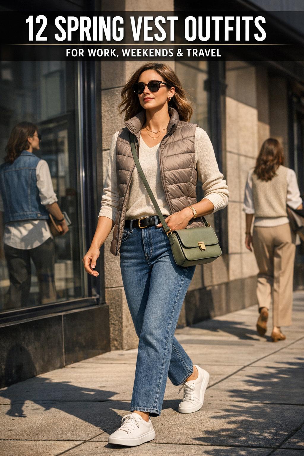Woman wearing spring vest outfits with layered vest, blouse, and jeans in soft daylight