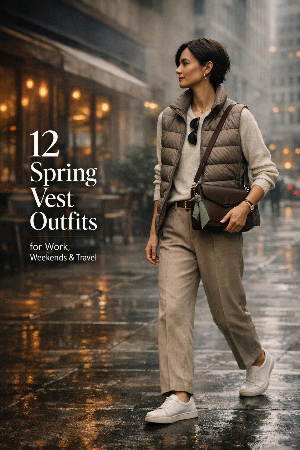Spring vest outfits street style: taupe quilted vest, ivory knit top, jeans, and brown crossbody on a moody city sidewalk