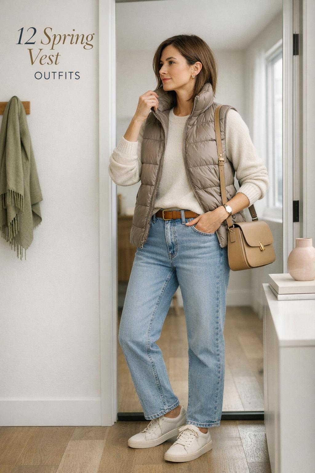 Spring vest outfits in a modern entryway: woman in taupe quilted vest, ivory sweater, light denim, beige crossbody bag